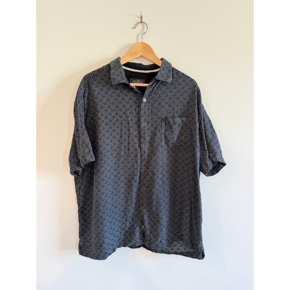Nat Nast Mens XL Silk Cotton Short Sleeve Button Down Shirt Navy Blue Sashiko
